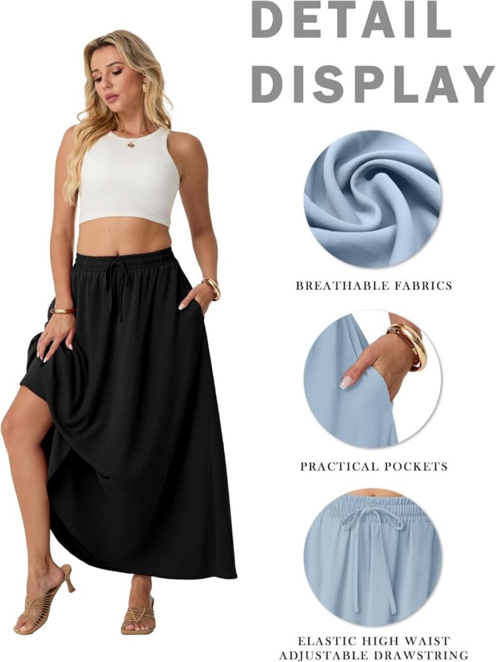 Women Flowy Maxi Skirts High Waisted Summer Casual Long Skirts with Pockets A-Li - Picture 4 of 5